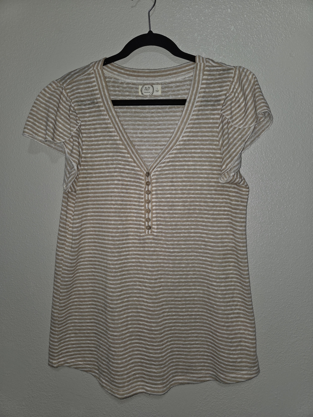 Maurices Beige Stripe V-Neck Henley Tee